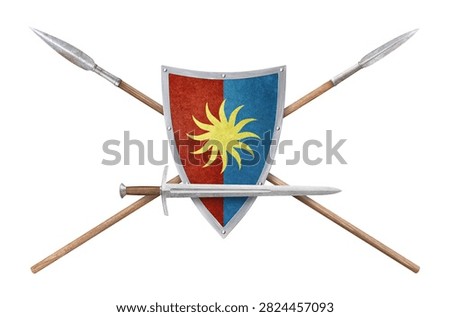 sword shield and two lances isolated on white background