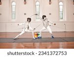 Sword, sport and men fight in fencing training, exercise or workout in a hall. Martial arts, match and fencers or people with mask and costume for fitness, competition or stab target in swordplay