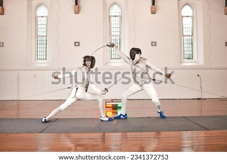 Sword, sport and men fight in fencing training, exercise or workout in a hall. Martial arts, match and fencers or people with mask and costume for fitness, competition or stab target in swordplay