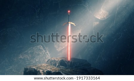 sword in the stone with light rays and dust specs in a dark cave