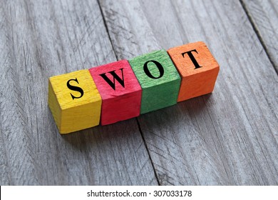 SWOT (SWOT analysis) text on colorful wooden cubes