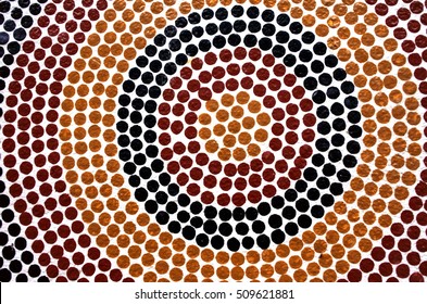 SYDNEY, AUS  - OCT 22 2016:Indigenous Australian Art Dot Painting. It's One Of The Oldest Traditional Form Of Art In The World. Paint Marks To Tell Aboriginal Myths And Legends