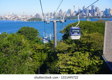 SYDNEY, AUSTRALIA -16 JUL 2018- The Sky Safari cable car gondola at the Taronga Zoo overlooking the Sydney Harbour in Sydney, New South Wales, Australia.