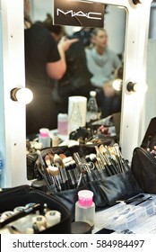 SYDNEY / AUSTRALIA - 20 May: Makeup Artist Kit Of Instruments On Makeup Table With Mirror At House Of Cannon Fashiob Show At Mercedes Benz Fashion Week Australia On 20 May 2016 In Carriageworks Sydney