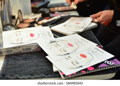 SYDNEY / AUSTRALIA - 20 May: Makeup Artist Creates Samples Of Makeup For Show Before House Of Cannon Fashiob Show At Mercedes Benz Fashion Week Australia On 20 May 2016 In Carriageworks Sydney