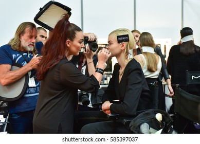 SYDNEY / AUSTRALIA - 20 May: Model Gets Ready, Is Applied Makeup By A Makeup Artist For Show House Of Cannon Fashiob Show At Mercedes Benz Fashion Week Australia On 20 May 2016 In Carriageworks Sydney