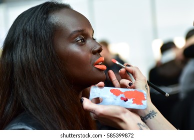 SYDNEY / AUSTRALIA - 20 May: Model Gets Ready, Is Applied Makeup By A Makeup Artist For Show House Of Cannon Fashiob Show At Mercedes Benz Fashion Week Australia On 20 May 2016 In Carriageworks Sydney