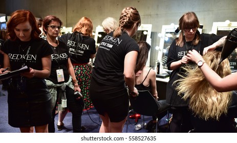 SYDNEY / AUSTRALIA - 20 May: Models, stylists and makeup artists prepare for show before Raffles International Showcase at Mercedes Benz Fashion Week Australia on 20 May 2016 in Carriageworks Sydney