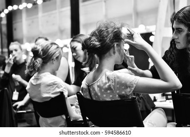 SYDNEY / AUSTRALIA - 20 May: Models Stylists Makeup Artists Get Prepared For Show Before Raffles International Showcase At Mercedes Benz Fashion Week Australia On 20 May 2016 In Carriageworks Sydney