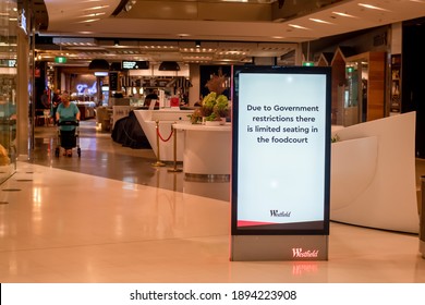 Sydney, Australia - 2020-01-14 Covid-19 Regulation Information At Westfield Shopping Centre. Due To Government Restrictions There Is Limited Seating In The Foodcourt