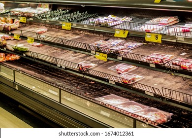 Sydney, Australia 2020-03-16 Almost Empty Meat Aisle Shelf At Woolworths Caringbah Supermarket. COVID-19 Panic Buying.