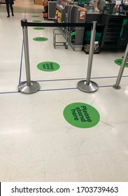 Sydney, Australia 2020-04 COVID-19. Stickers On The Floor At Woolworths Supermarket To Keep Social Distancing