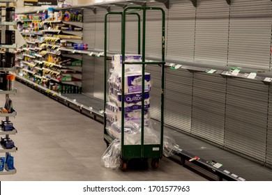 Sydney, Australia 2020-04-08 COVID-19 Panic Buying: Shoppers Still Stocking Up On Essential Items. Toilet Roll Shelf At Woolworths Supermarket