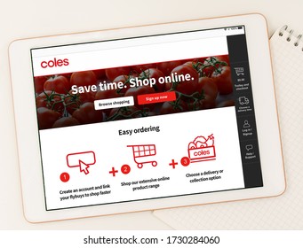 Sydney, Australia 2020-05-07 Coles Supermarket Announced Online Shopping Is Available To Everybody Once Again. White Tablet Browsing Coles Website