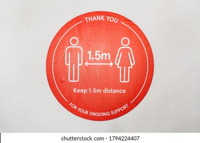 Sydney, Australia 2020-08 COVID-19. Stickers On The Floor About Social Distancing. Keep 1.5 Metre Distance. Thank You For Your Ongoing Support