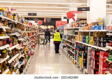 Sydney, Australia 2021-07-21 Grocery Aisle At Coles Supermarket During COVID-19 Delta Outbreak Lockdown. Coles Stuff Member