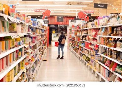 Sydney, Australia 2021-07-21 Grocery Aisle At Coles Supermarket During COVID-19 Delta Outbreak Lockdown.