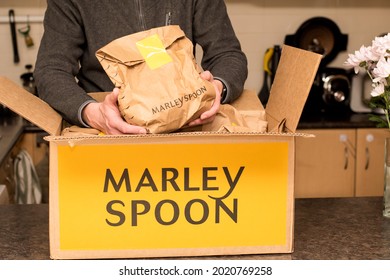 Sydney, Australia 2021-07-25 Marley Spoon Cardbord Box With Meal Kits On A Kitchen Counter. Australian Subscription Delivery Meal Kit Service. Selective Focus