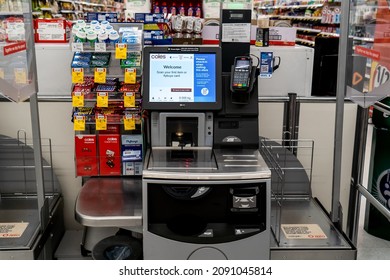 Sydney, Australia 2021-10-13. Self Serve Checkout At Coles Supermarket During Covid Pandemic.