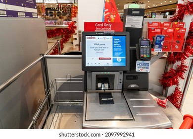 Sydney, Australia 2021-10-13. Self Serve Checkout At Coles Supermarket During Covid Pandemic.