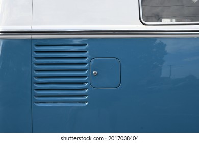 Sydney, Australia 7.1.2021: Vintage Blue, White Travel Van Detail Background