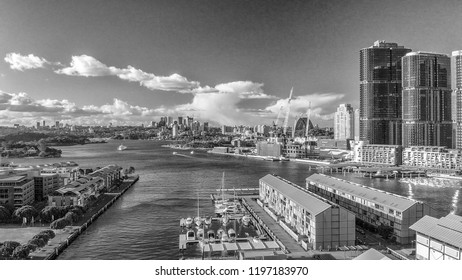 Sydney, Australia. Aerial View Of Darling Harbour And City Skyline From A Beautiful Park.