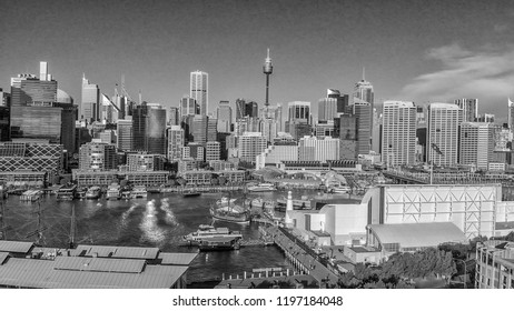 Sydney, Australia. Aerial View Of Darling Harbour And City Skyline From A Beautiful Park.