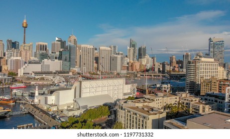 Sydney, Australia. Aerial View Of Darling Harbour And City Skyline From A Beautiful Park.