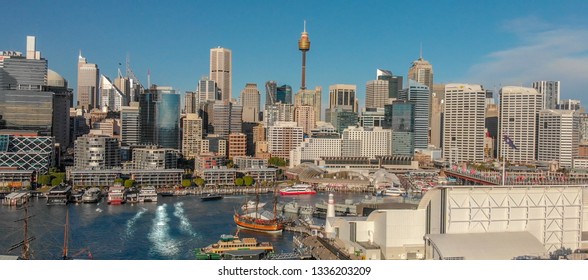 Sydney, Australia. Aerial View Of Darling Harbour And City Skyline From A Beautiful Park.