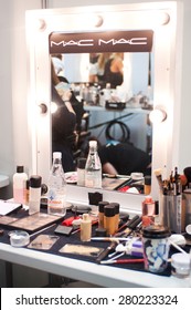 SYDNEY AUSTRALIA - APRIL 14 2015: Makeup Working Place During Lee Matthews Fashion Show Backstage At Mercedes Benz Fashion Week In Carriageworks Sydney Australia. 