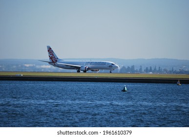 Sydney, Australia, April 19, 2021. View Of A Plane Preparing To Take Off At Sydney International Airport