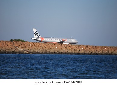 Sydney, Australia, April 19, 2021. View Of A Plane Preparing To Take Off At Sydney International Airport