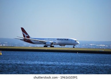 Sydney, Australia, April 19, 2021. View Of A Plane Preparing To Take Off At Sydney International Airport