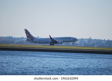 Sydney, Australia, April 19, 2021. View Of A Plane Preparing To Take Off At Sydney International Airport