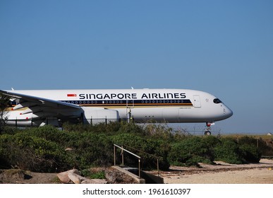 Sydney, Australia, April 19, 2021. View Of A Plane Preparing To Take Off At Sydney International Airport