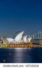 SYDNEY, AUSTRALIA - APRIL 20: View on Sydney opera and Harbour bridge at night, long exposure. April 2016