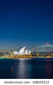 SYDNEY, AUSTRALIA - APRIL 21: View on Sydney opera and Harbour bridge at night, long exposure. April 2016