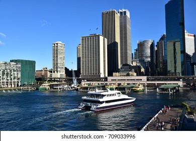 SYDNEY, AUSTRALIA- AUG 17, 2017: A ferry approaches Circular Quay, the most popular harbour in Sydney.
