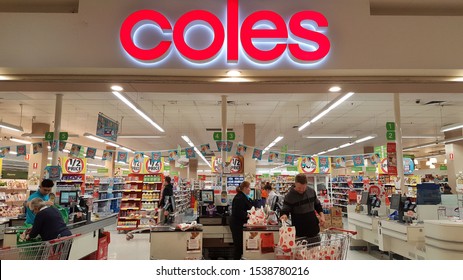 Sydney, Australia - Aug 2019: Shop Front View Of Coles Supermarket, Signboard, Cashier's Desk, Shopper Paying Queue. It Is Australia's Most Iconic Brands Of Supermarket, Retail & Consumer Services.