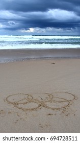 Sydney, Australia - Aug 7, 2016. Olympic Rings Drawn In The Sand. Summer Olympic Games.