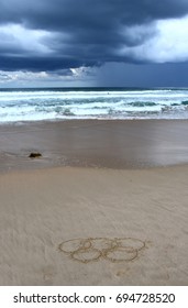 Sydney, Australia - Aug 7, 2016. Olympic Rings Drawn In The Sand. Summer Olympic Games.