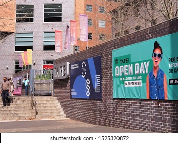 SYDNEY, AUSTRALIA - AUGUST 27, 2019: Advertisement Signs On The Wall Of Technical And Further Education (TAFE) Ultimo Campus