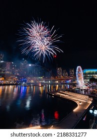 Sydney, Australia - August 6, 2022: Colorful Fireworks Over Darling Harbour.