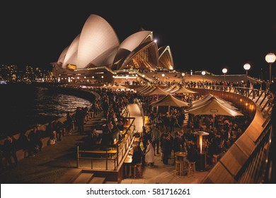 SYDNEY, AUSTRALIA - CIRCA AUGUST 2016: Restaurants And Night Life At Sydney Opera House, Bennelong Point, Sydney, Australia. Cinematic Look.