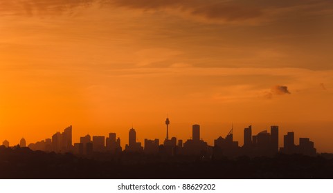 Sydney Australia City CBD Panoramic Cityscape View At The Sunset Time With Gold Yellow Color In The Sky