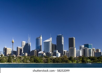 Sydney Australia City Central Business District View From Royal Botanic Garden Over Bay Blue Skyline