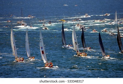 Sydney, Australia - December 26, 2013. Participiant Yachts approaching South Head. The Sydney to Hobart Yacht Race is an annual event, starting in Sydney on Boxing Day and finishing in Hobart.