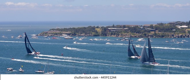 Sydney, Australia - December 26, 2014. Comanche is leading. The Sydney to Hobart Yacht Race is an annual event, starting in Sydney on Boxing Day and finishing in Hobart.