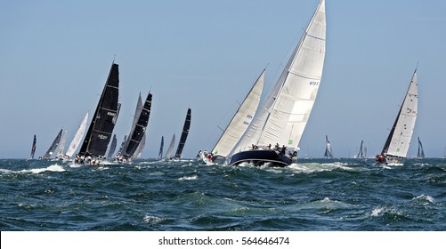 SYDNEY, AUSTRALIA - DECEMBER 26, 2016: Start Of Sailing Yachts In The Rolex Sydney Hobart Yacht Race. Yachting, Sailing,  Australia On DECEMBER 26, 2016
