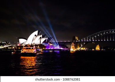 Sydney, Australia - December 31, 2014: Opera House And Harbour Bridge During The Midnight Party Of The New Years Eve 2015, Shot From A Boat.